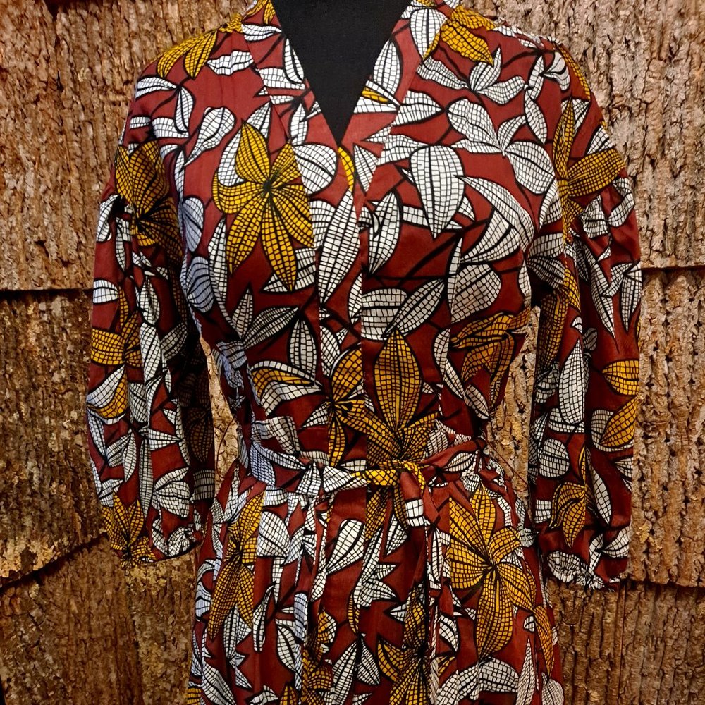 Suncoo Paris Brown, Yellow, and White Print Dress, Short Sleeve